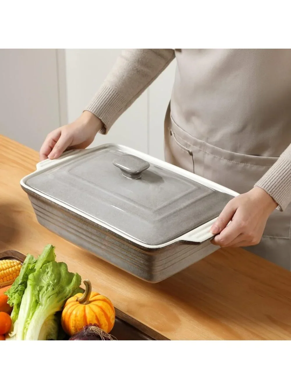 4.5 Quart Grey Ceramic Casserole Dish with Lid Oven Microwave Baking Pan